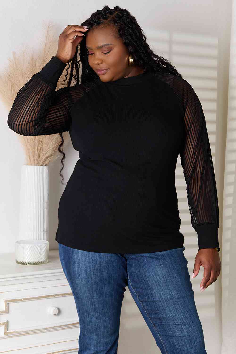 Double Take Round Neck Raglan Sleeve Blouse BLUE ZONE PLANET