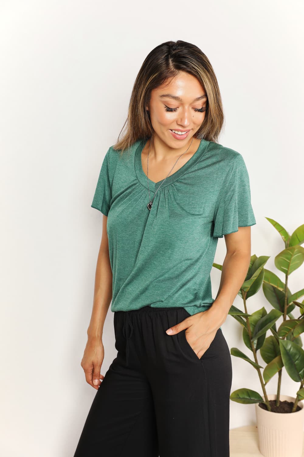 Double Take Ruched V-Neck Short Sleeve T-Shirt BLUE ZONE PLANET