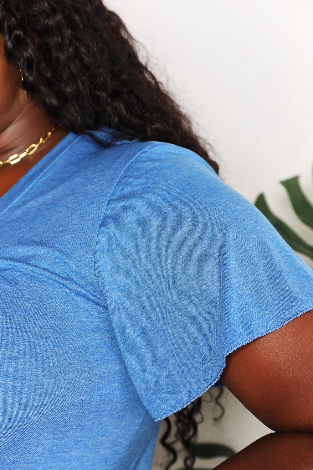 Double Take Ruched V-Neck Short Sleeve T-Shirt BLUE ZONE PLANET
