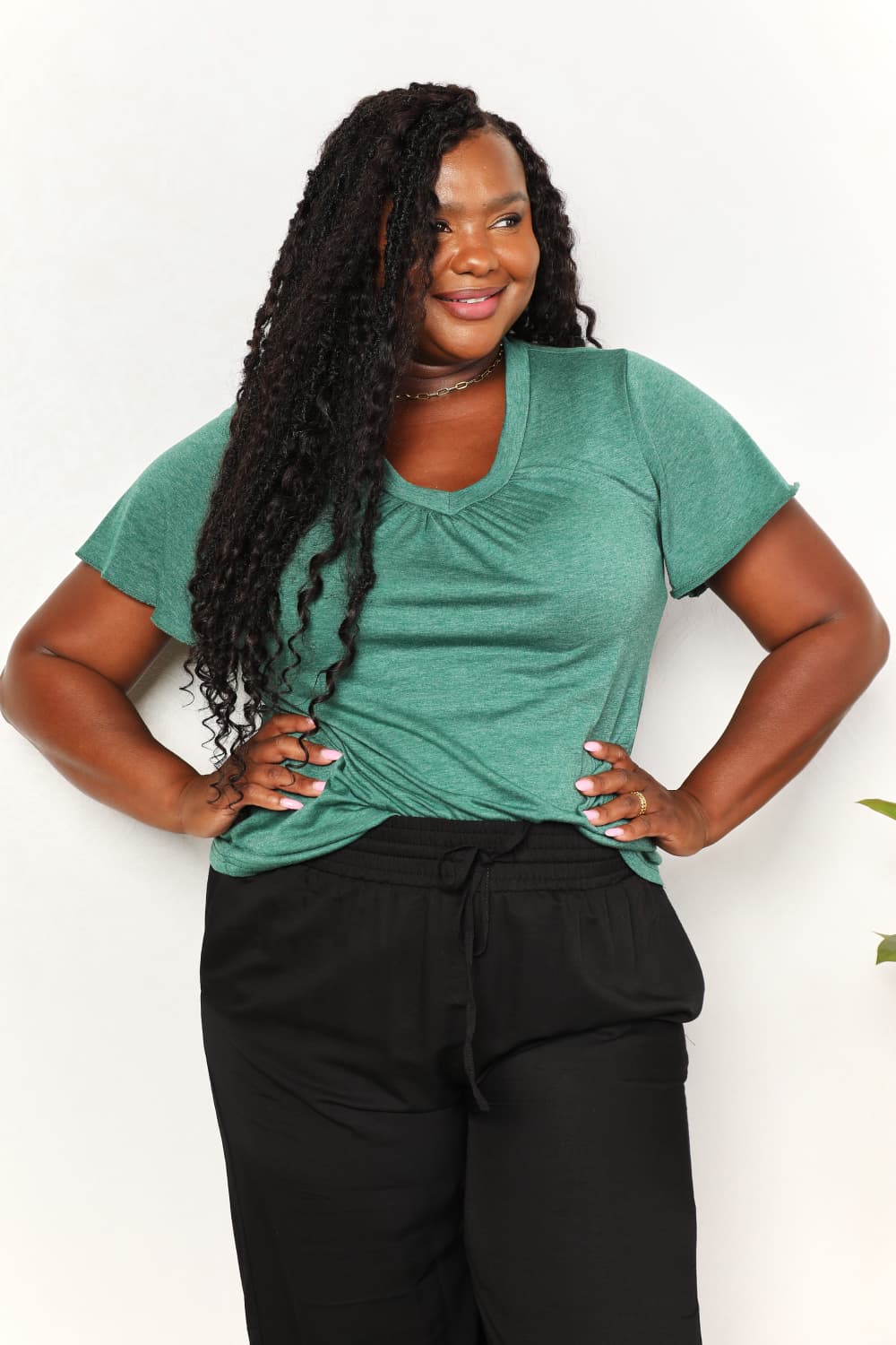 Double Take Ruched V-Neck Short Sleeve T-Shirt BLUE ZONE PLANET