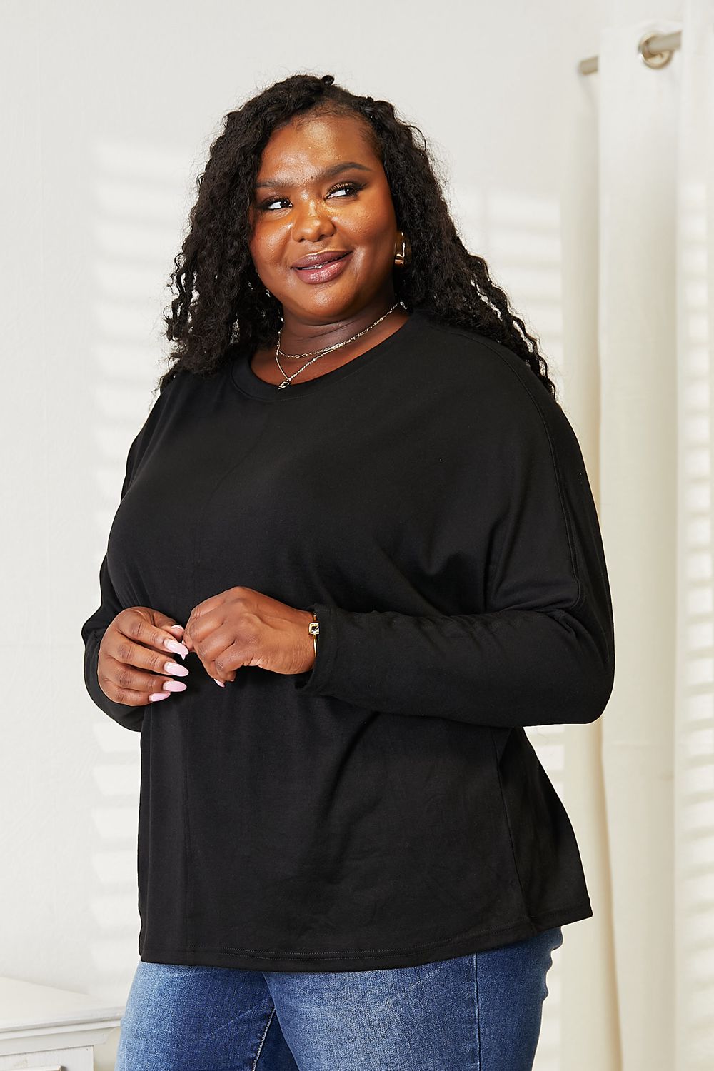 Double Take Seam Detail Round Neck Long Sleeve Top BLUE ZONE PLANET