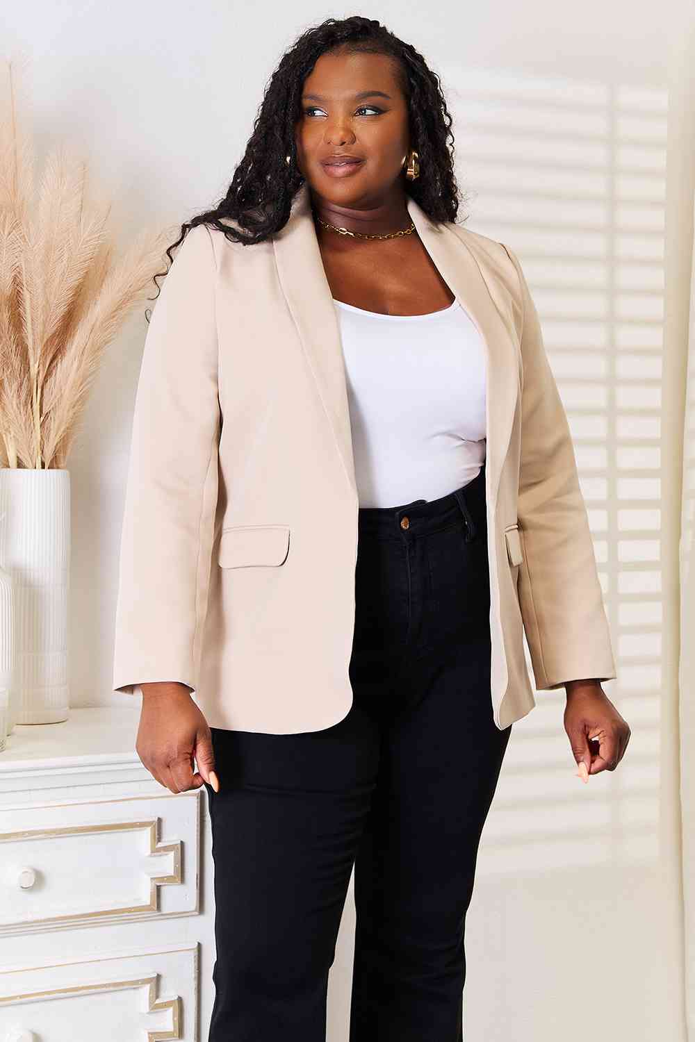 Double Take Shawl Collar Long Sleeve Blazer BLUE ZONE PLANET
