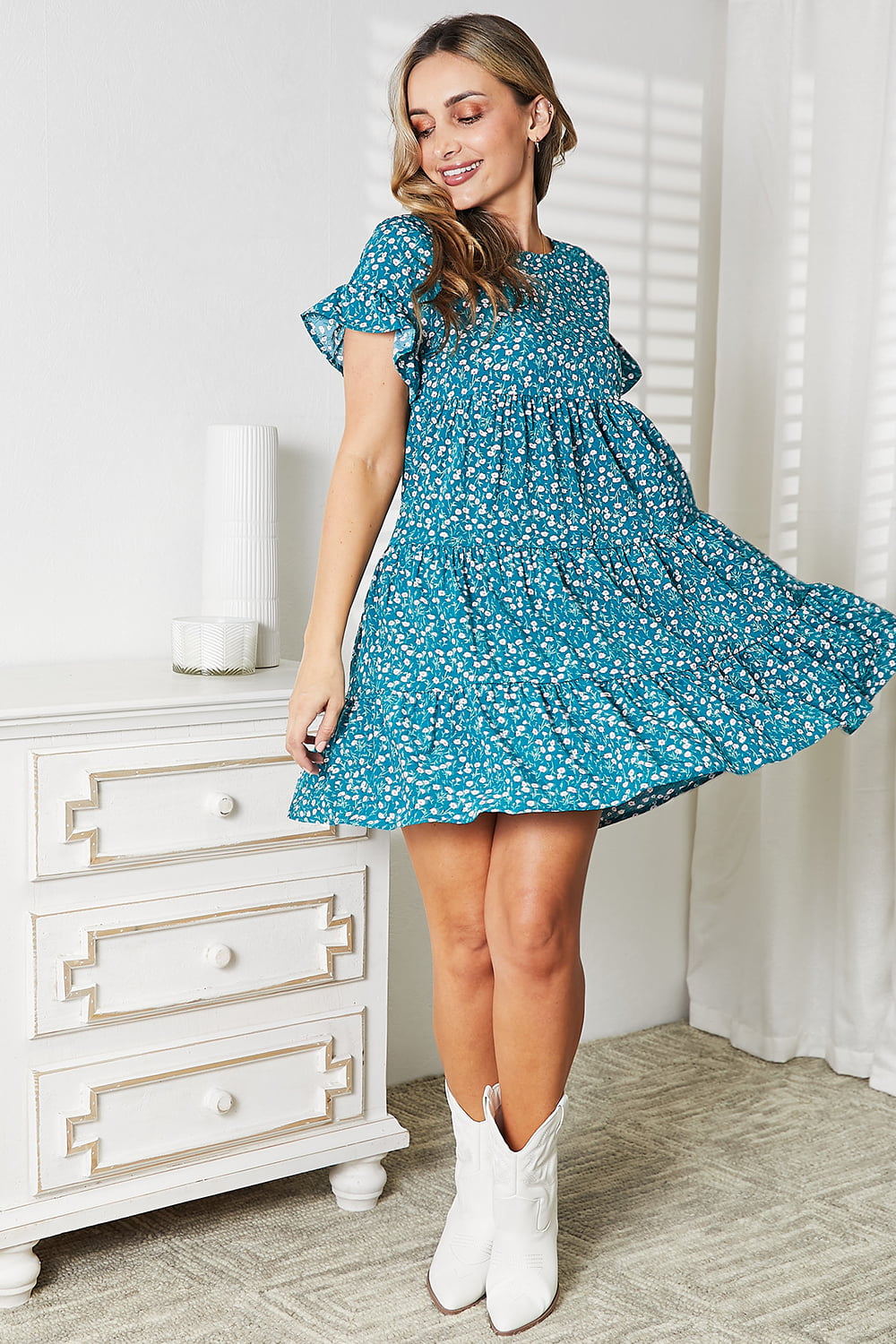 Double Take Short Flounce Sleeve Tiered Dress BLUE ZONE PLANET
