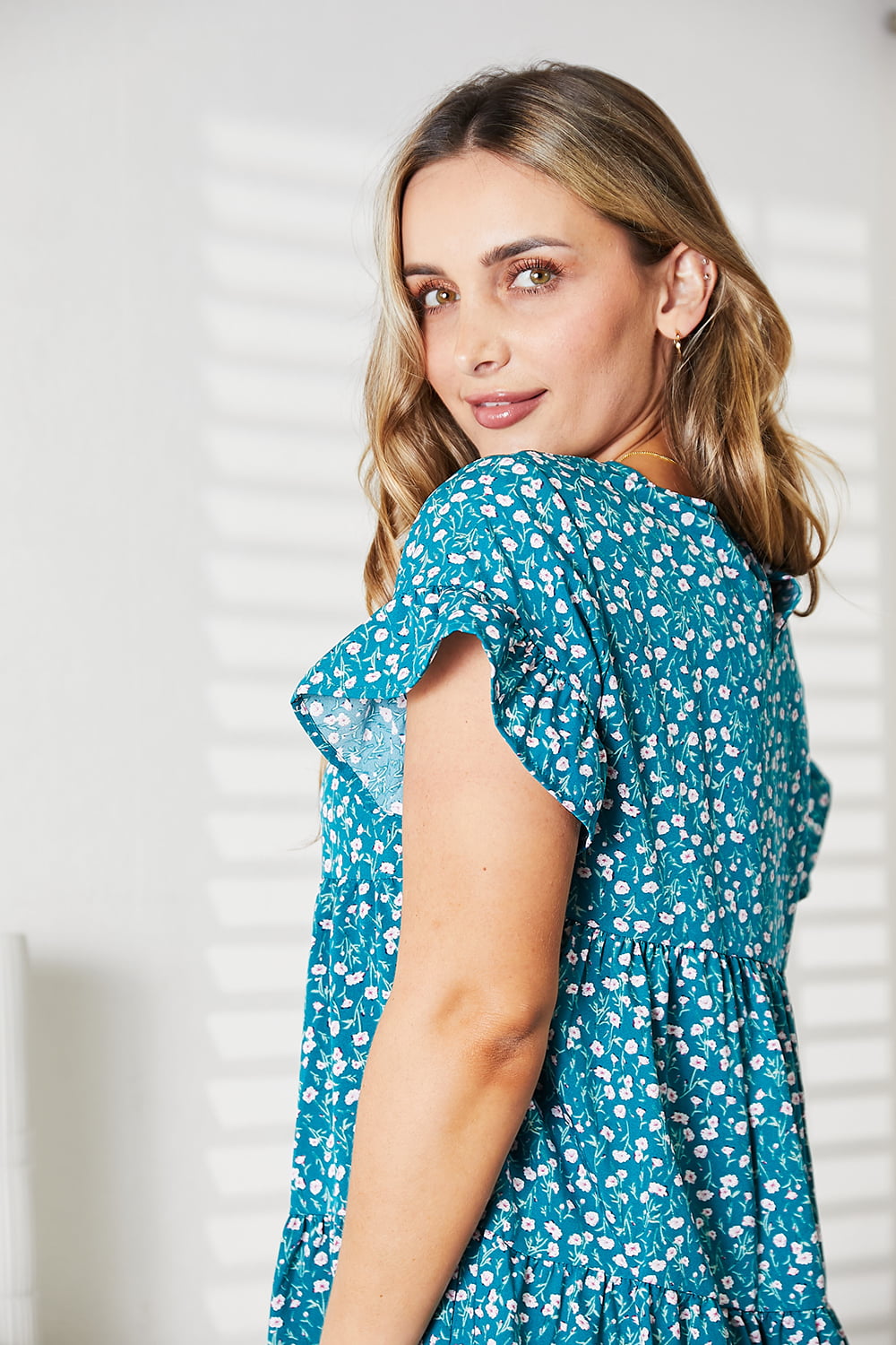 Double Take Short Flounce Sleeve Tiered Dress BLUE ZONE PLANET