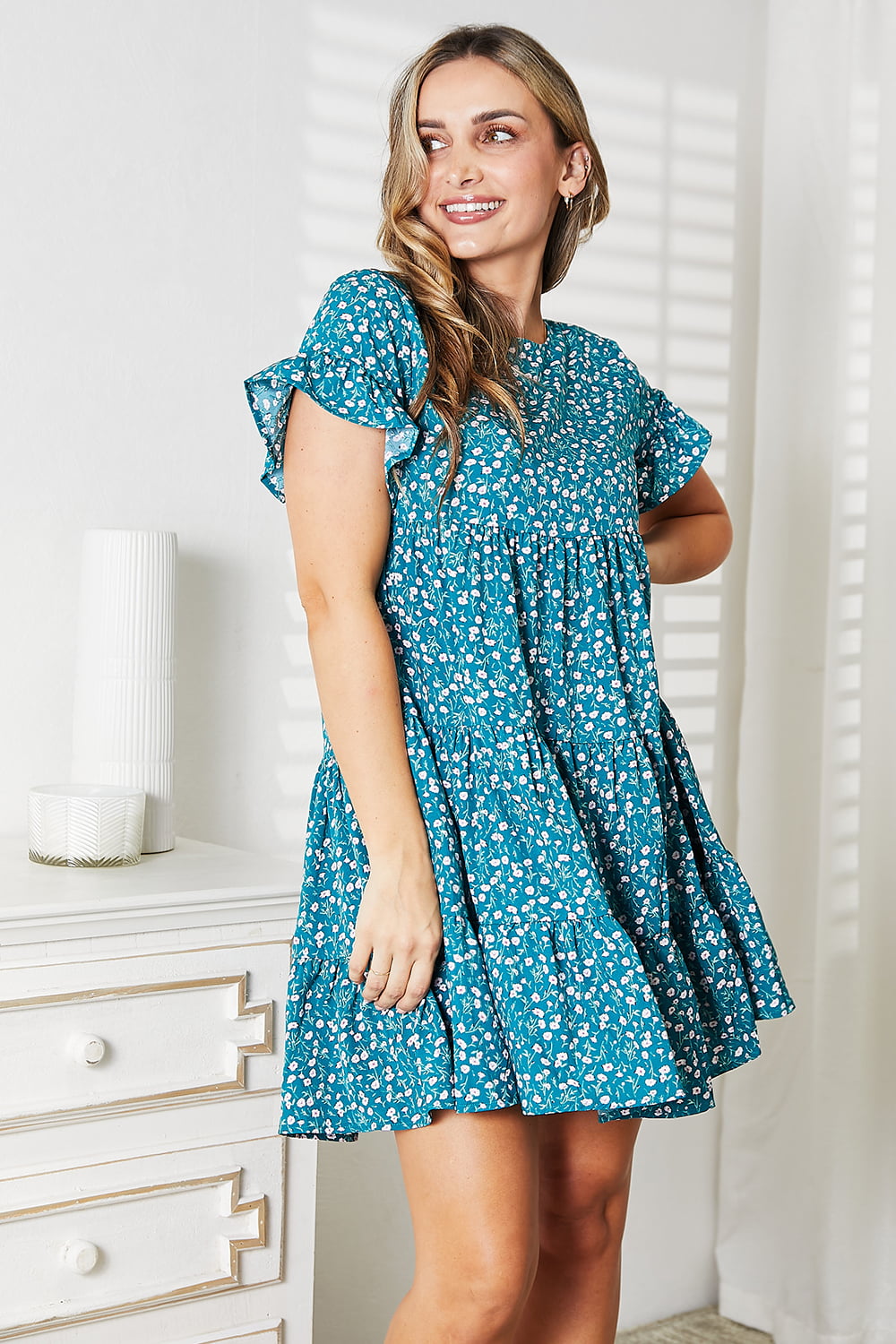 double take mini dress Double Take Smocked Sweetheart Neck Flounce Sleeve Mini Dress Strawberry / S