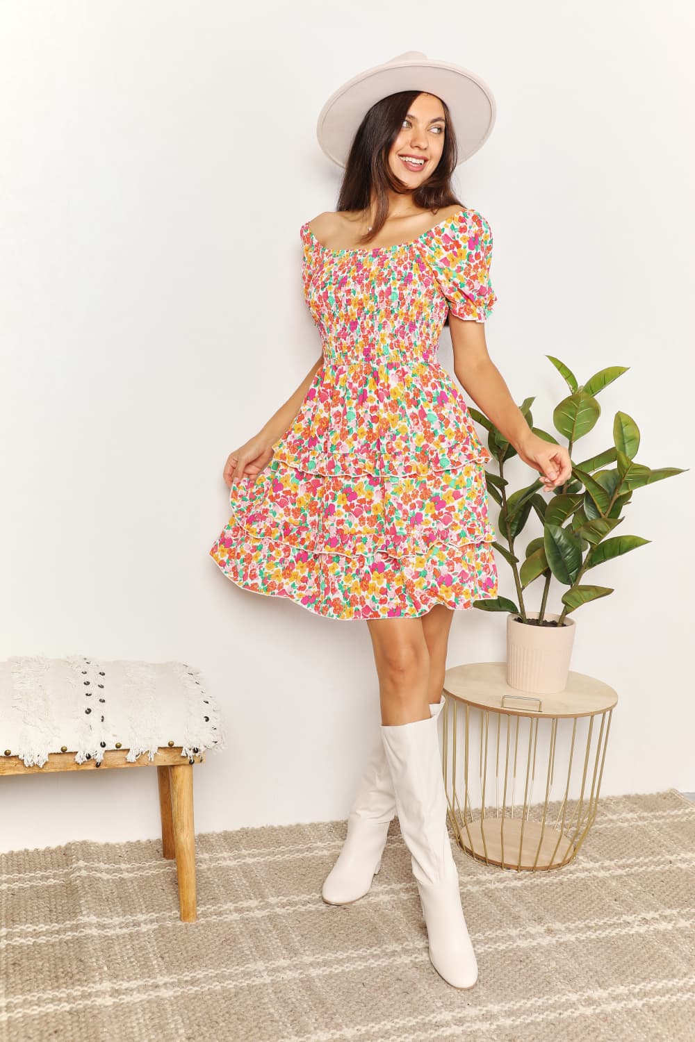 Double Take Smocked Sweetheart Neck Flounce Sleeve Mini Dress BLUE ZONE PLANET