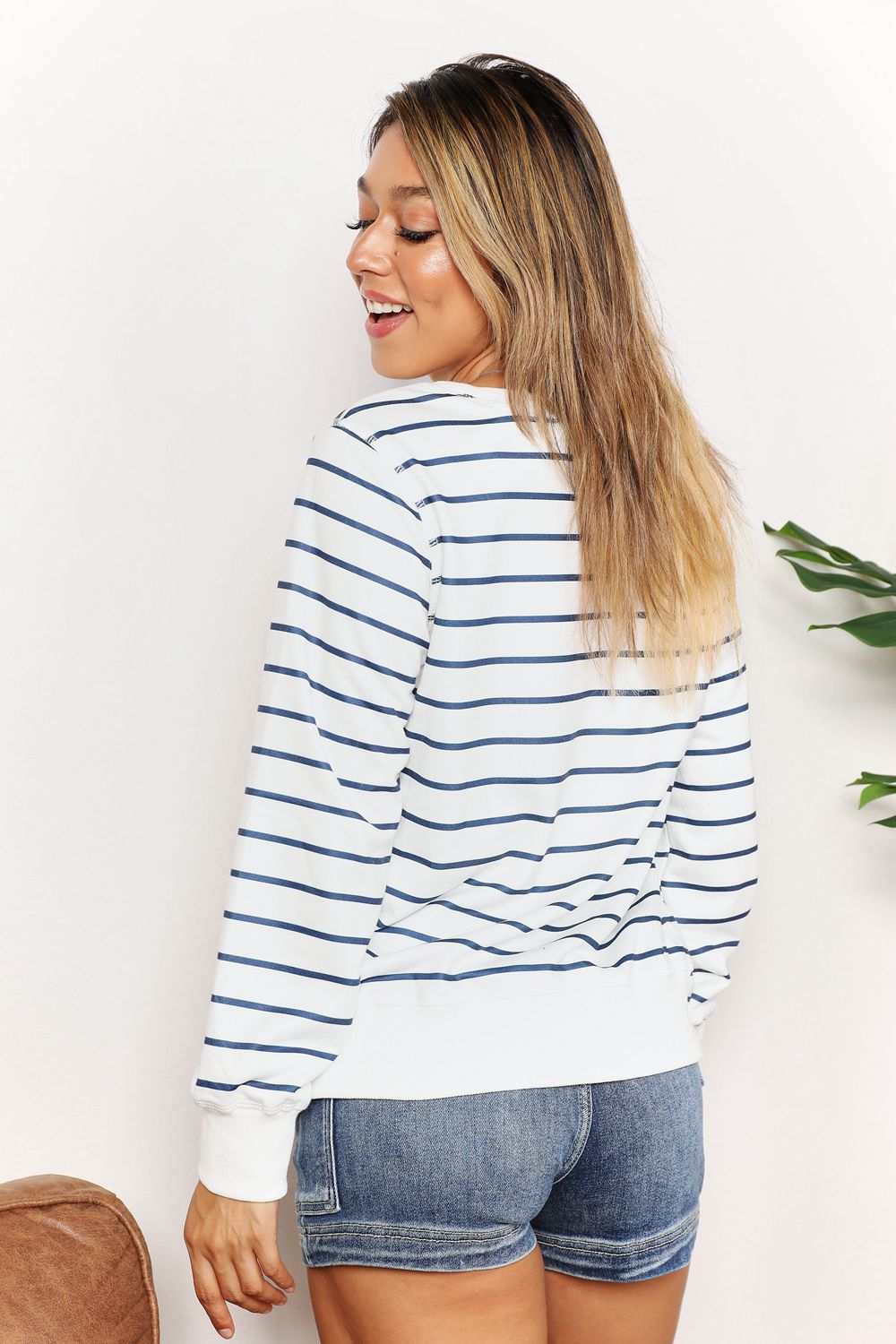 Double Take Striped Long Sleeve Round Neck Top BLUE ZONE PLANET