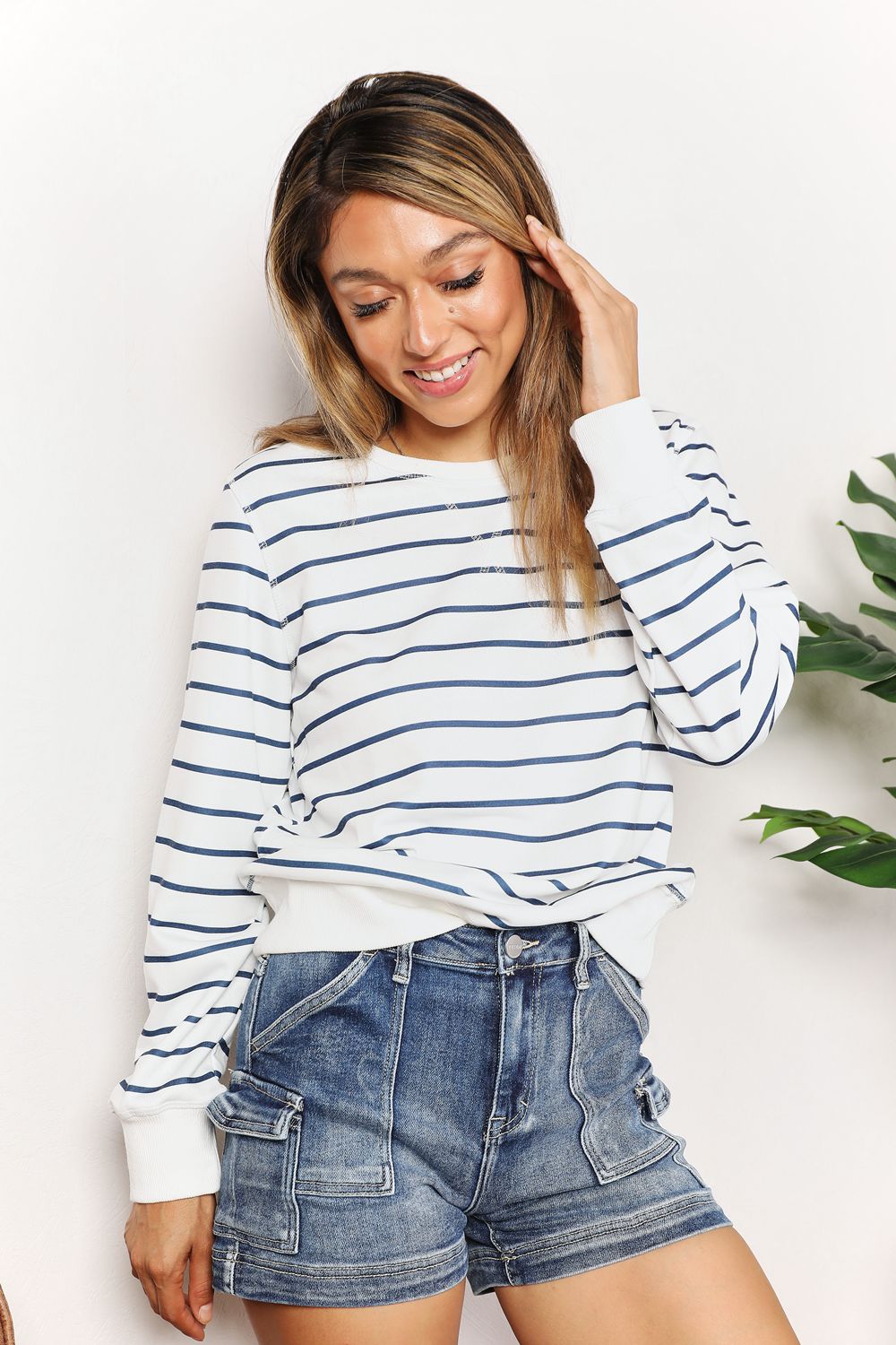 Double Take Striped Long Sleeve Round Neck Top BLUE ZONE PLANET