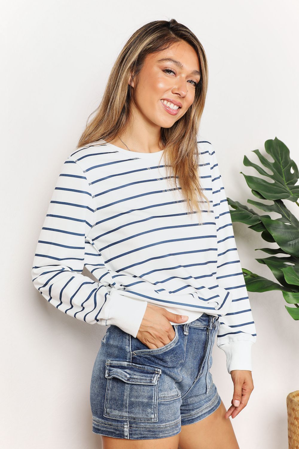 Double Take Striped Long Sleeve Round Neck Top BLUE ZONE PLANET