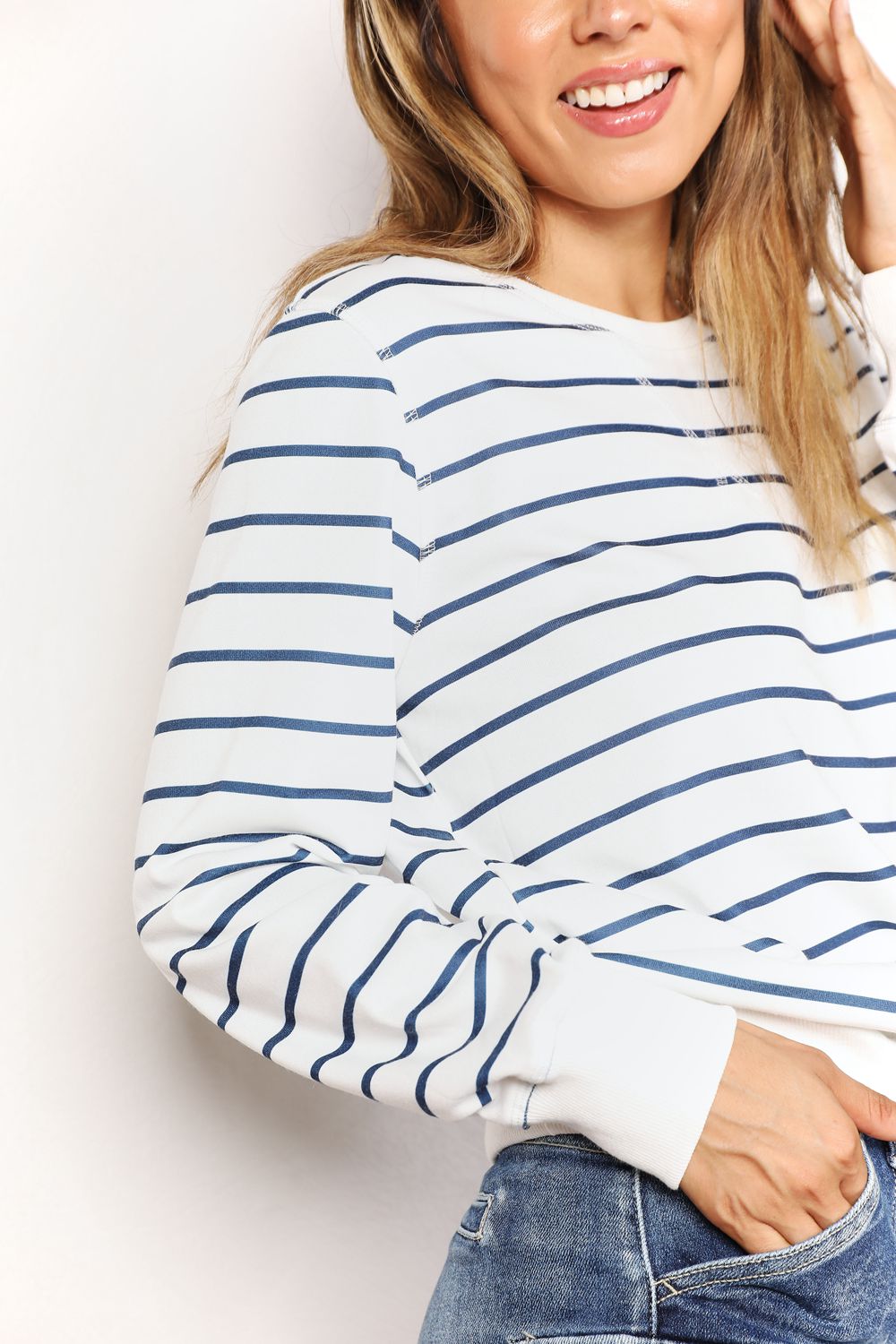 Double Take Striped Long Sleeve Round Neck Top BLUE ZONE PLANET
