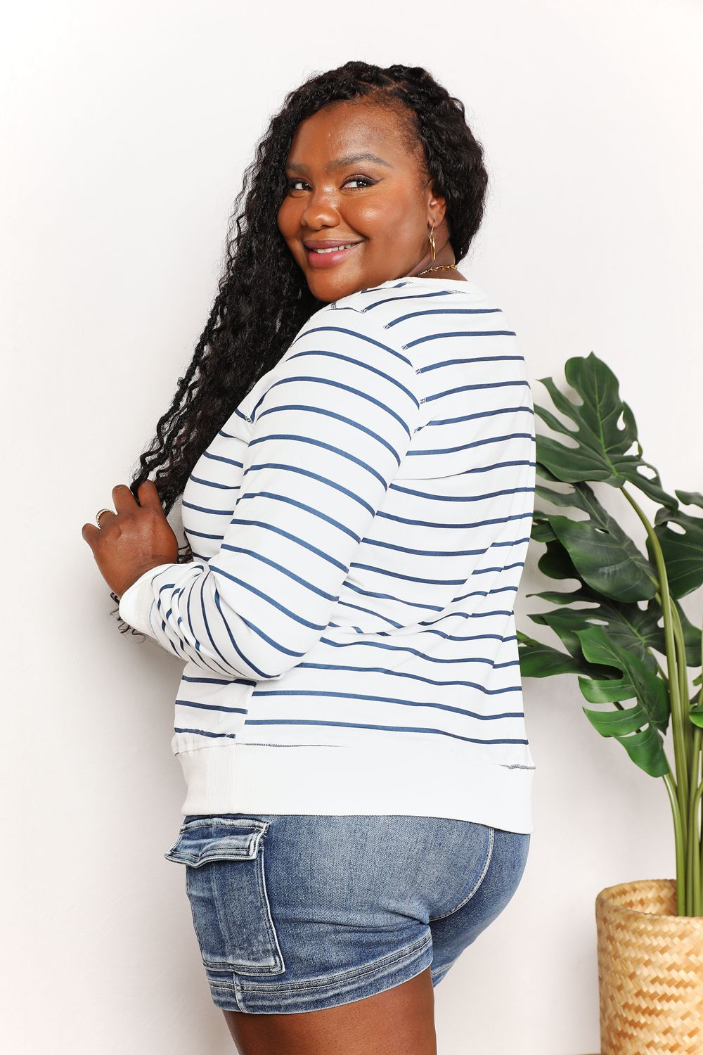 Double Take Striped Long Sleeve Round Neck Top BLUE ZONE PLANET