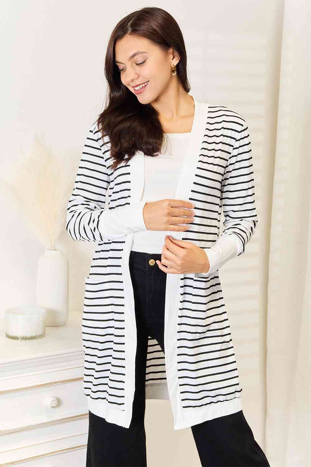 Double Take Striped Open Front Longline Cardigan BLUE ZONE PLANET
