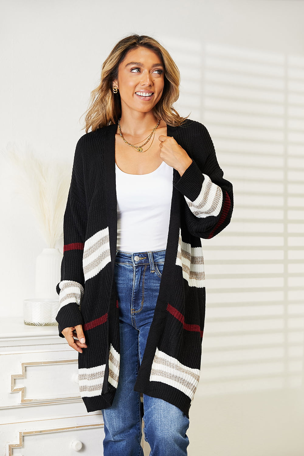 Double Take Striped Rib-Knit Drop Shoulder Open Front Cardigan BLUE ZONE PLANET