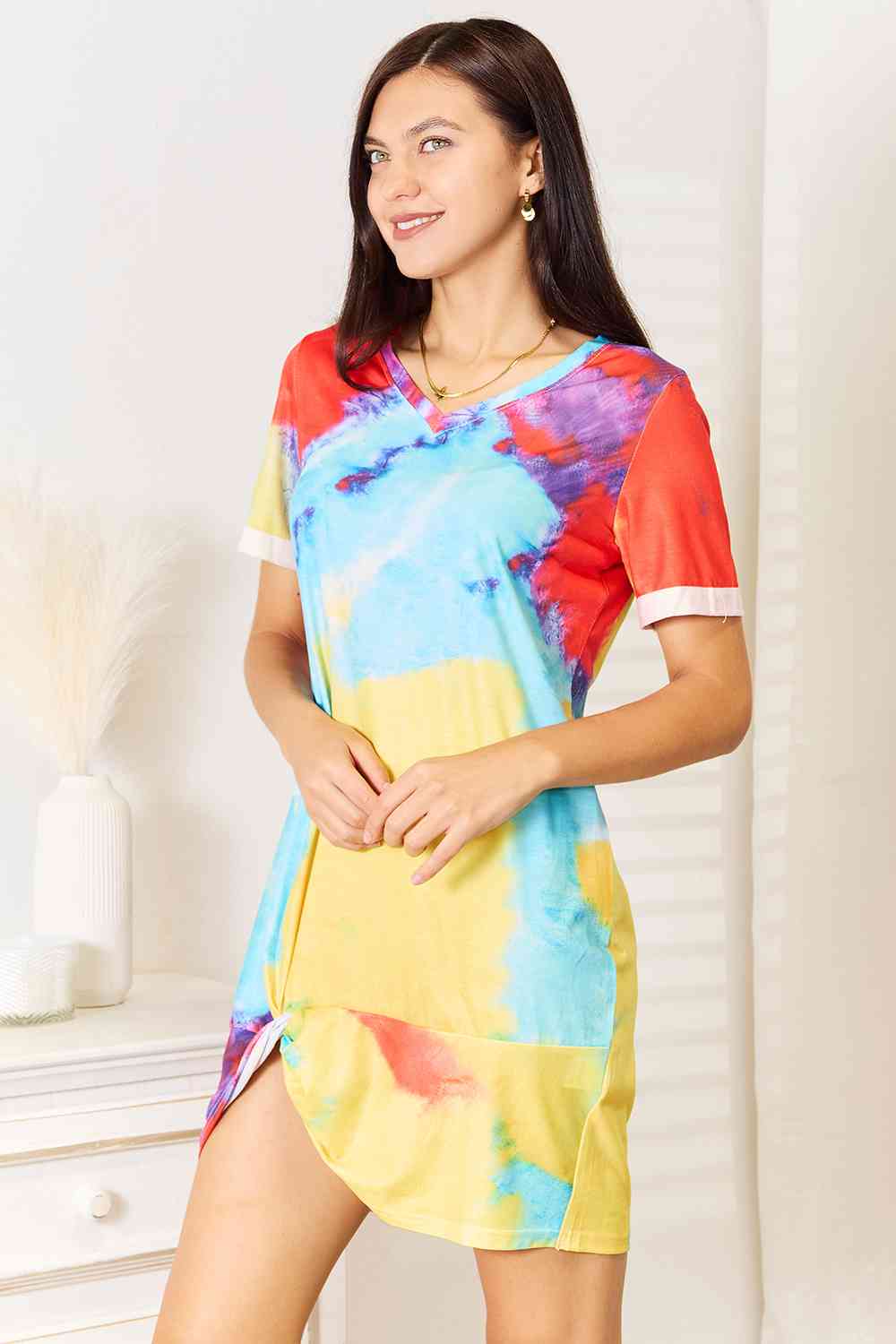 Double Take Tie-Dye V-Neck Twisted Dress BLUE ZONE PLANET
