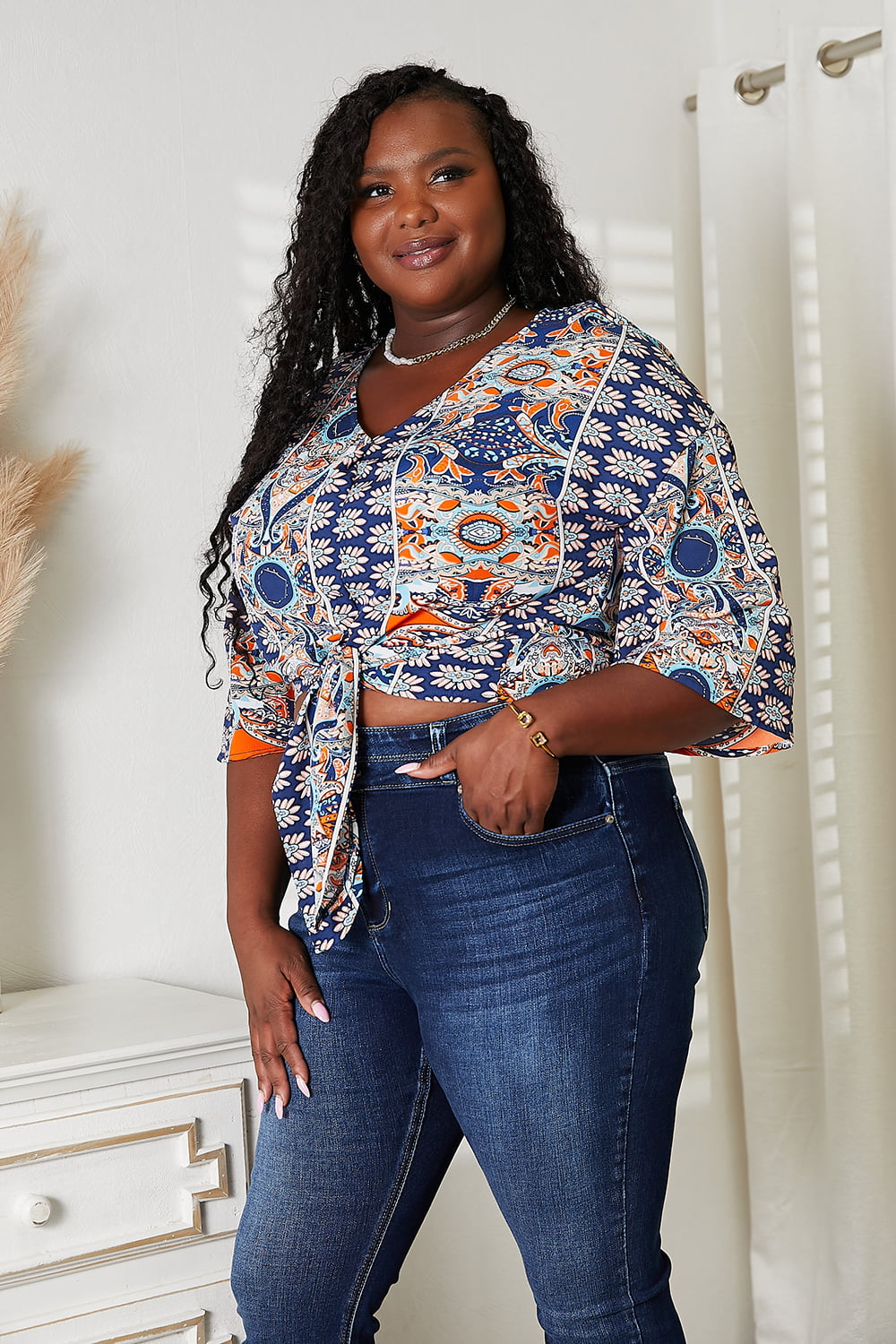 Double Take Tie Hem V-Neck Three-Quarter Sleeve Blouse BLUE ZONE PLANET
