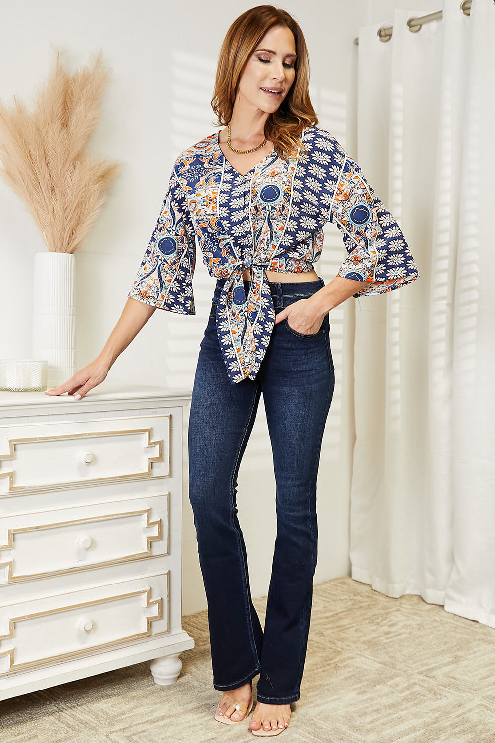 Double Take Tie Hem V-Neck Three-Quarter Sleeve Blouse BLUE ZONE PLANET