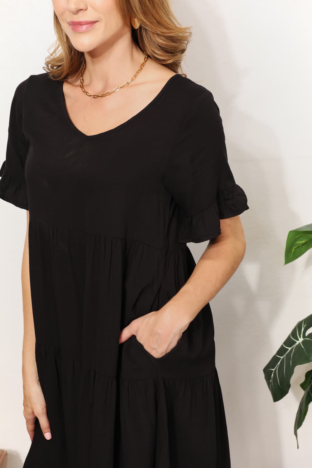 Double Take V-Neck Flounce Sleeve Tiered Dress BLUE ZONE PLANET