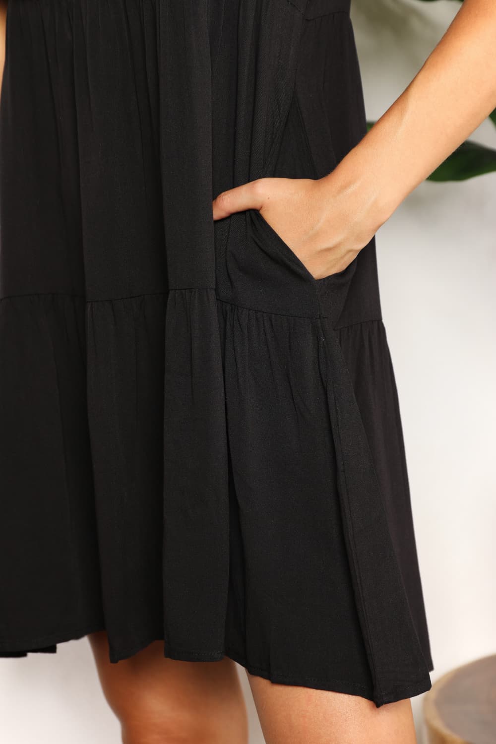 Double Take V-Neck Flounce Sleeve Tiered Dress BLUE ZONE PLANET