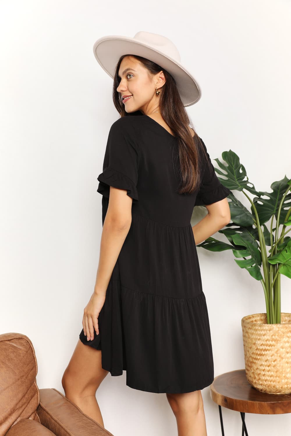 Double Take V-Neck Flounce Sleeve Tiered Dress BLUE ZONE PLANET