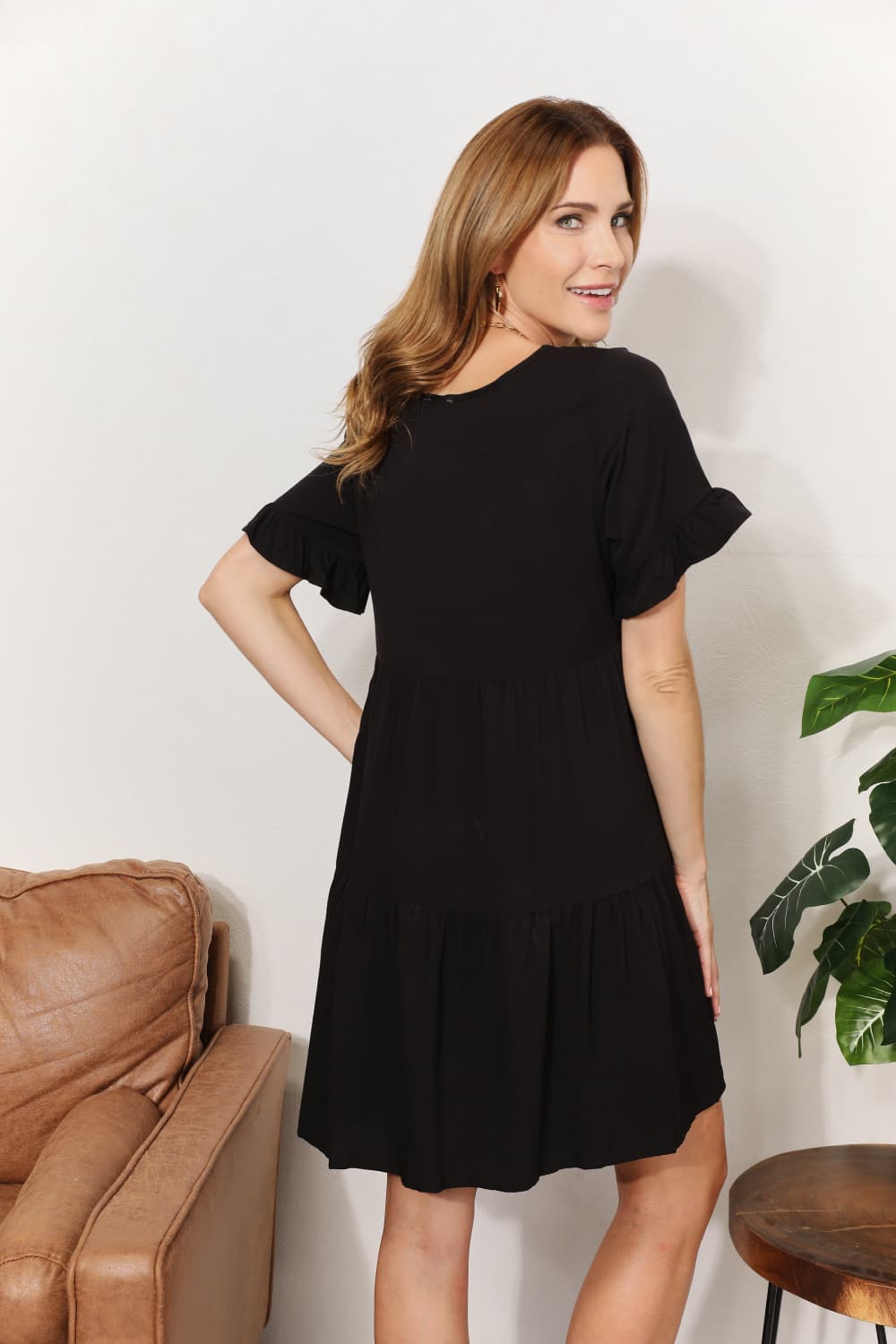 Double Take V-Neck Flounce Sleeve Tiered Dress BLUE ZONE PLANET