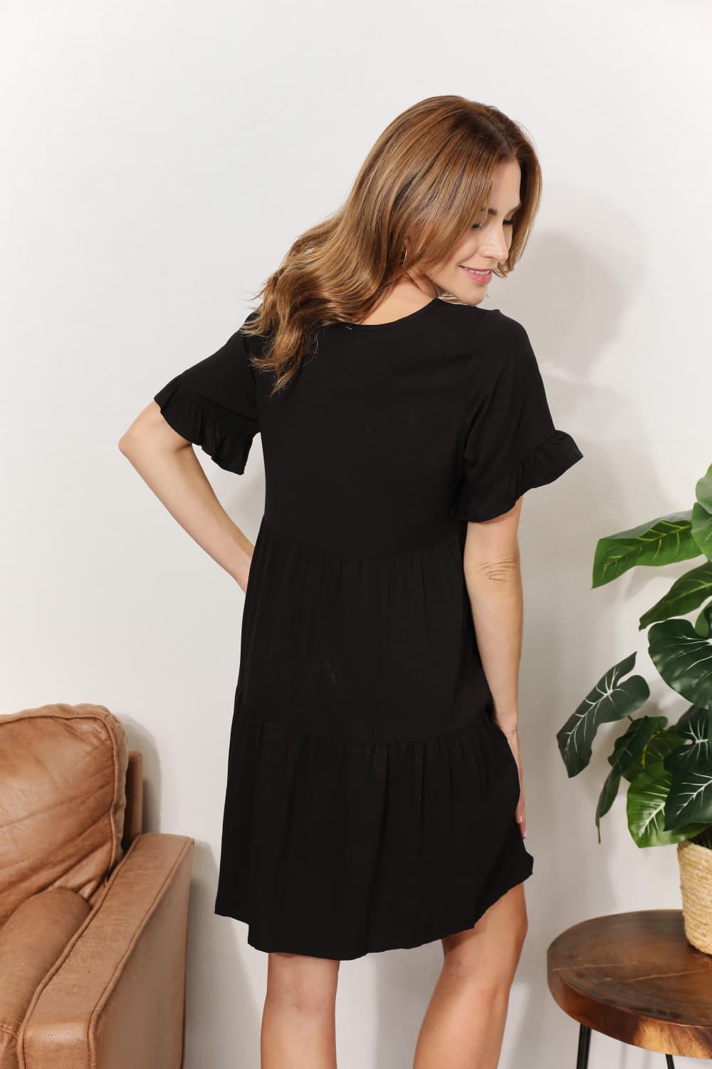 Double Take V-Neck Flounce Sleeve Tiered Dress BLUE ZONE PLANET