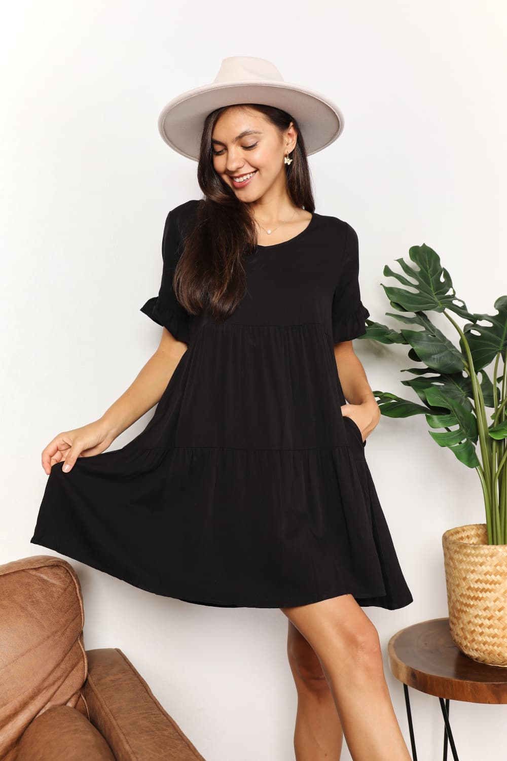 Double Take V-Neck Flounce Sleeve Tiered Dress BLUE ZONE PLANET