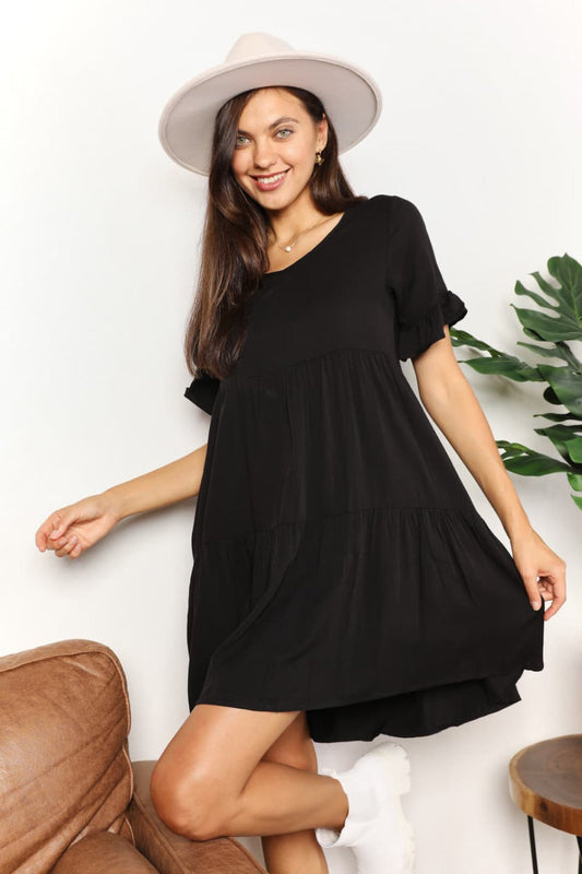 Double Take V-Neck Flounce Sleeve Tiered Dress BLUE ZONE PLANET
