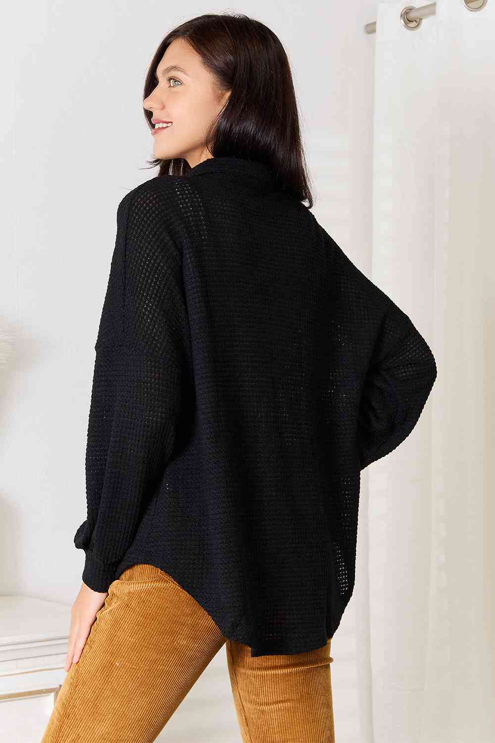 Double Take Waffle-Knit Collared Neck Dropped Shoulder Shirt BLUE ZONE PLANET