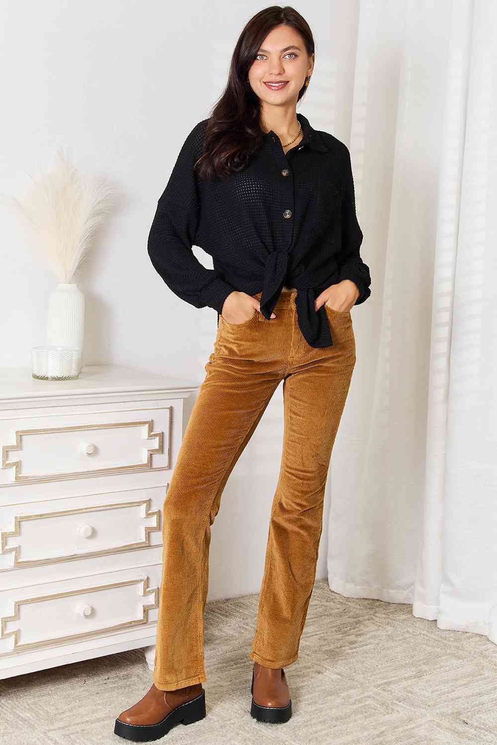 Double Take Waffle-Knit Collared Neck Dropped Shoulder Shirt BLUE ZONE PLANET