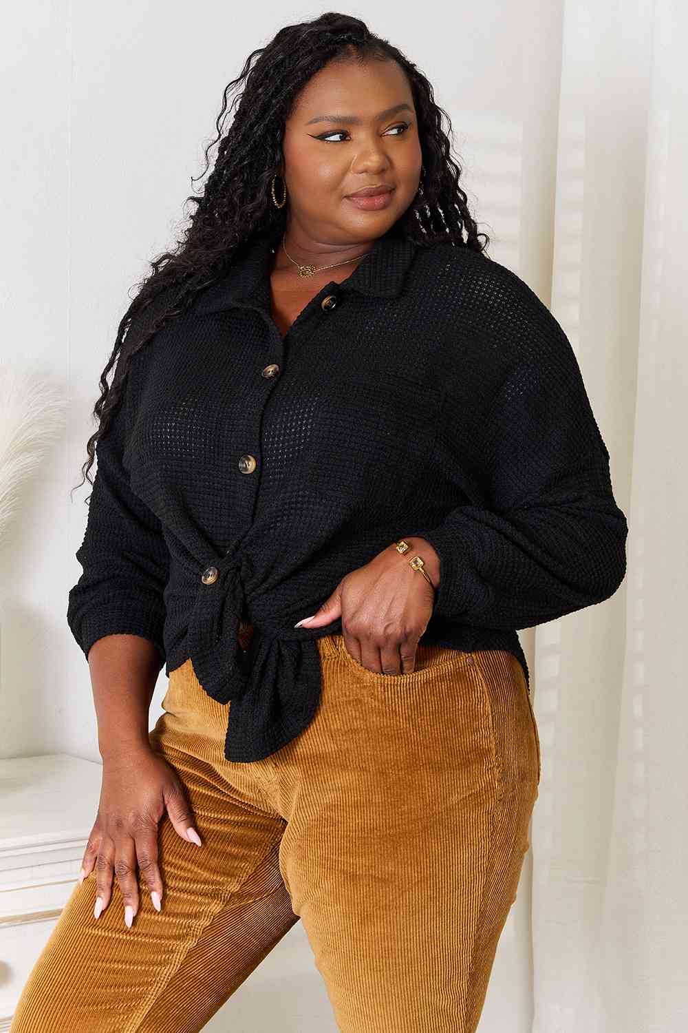 Double Take Waffle-Knit Collared Neck Dropped Shoulder Shirt BLUE ZONE PLANET