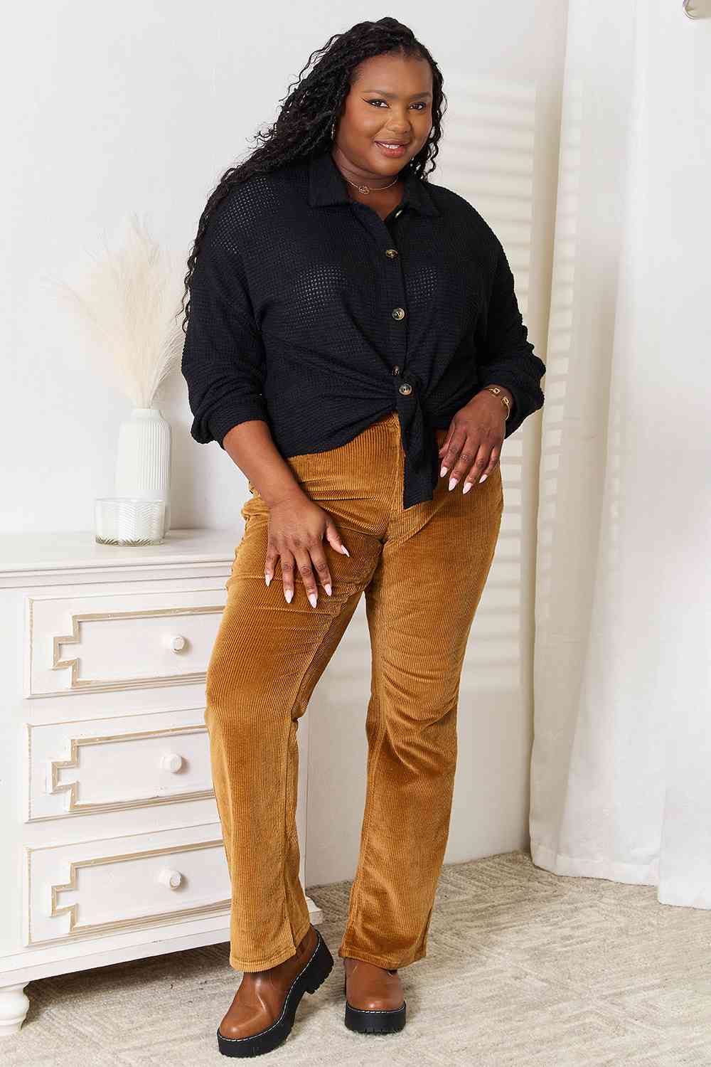 Double Take Waffle-Knit Collared Neck Dropped Shoulder Shirt BLUE ZONE PLANET