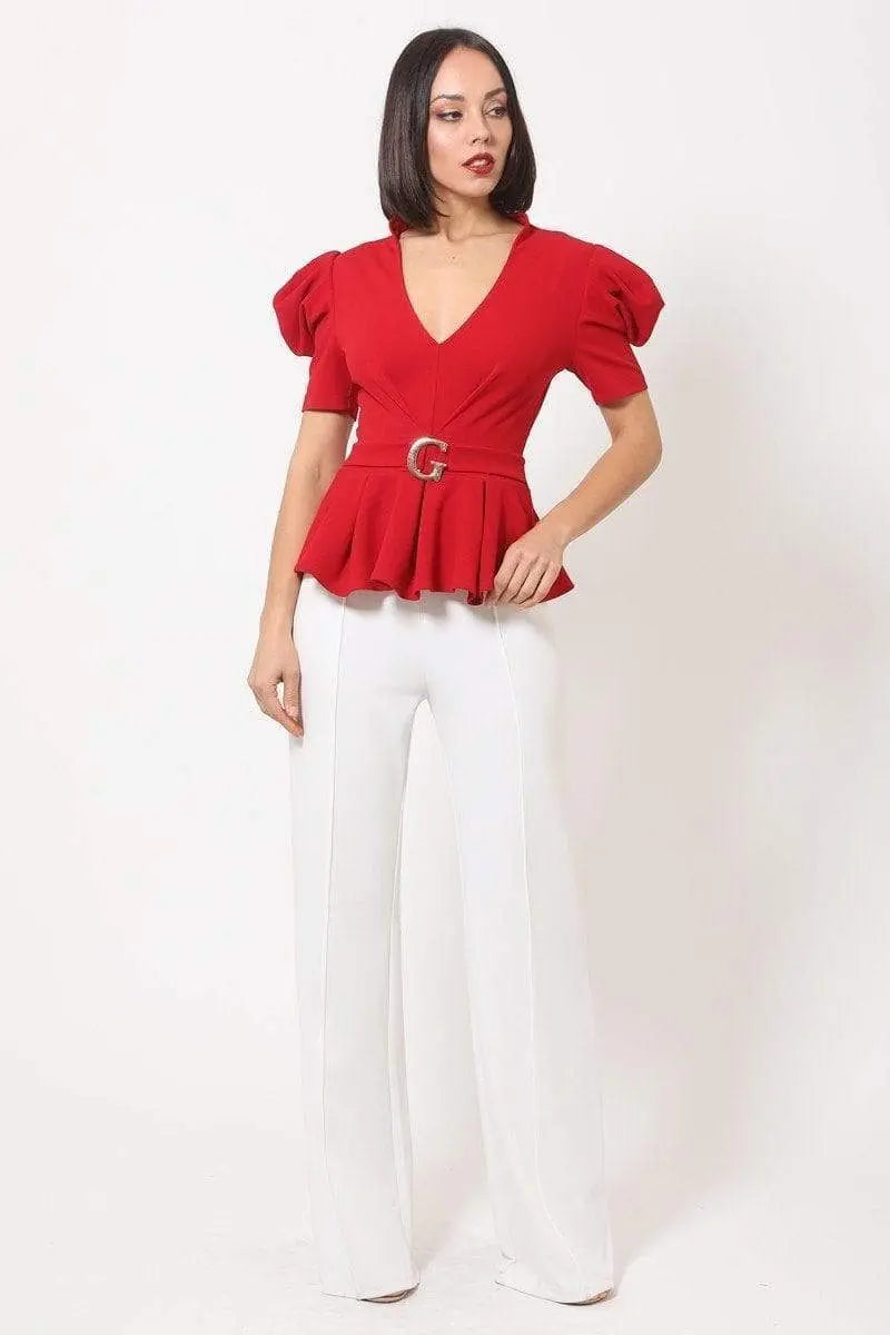 Draped Puff Shoulder Fashion Top With G Buckle Detail Blue Zone Planet