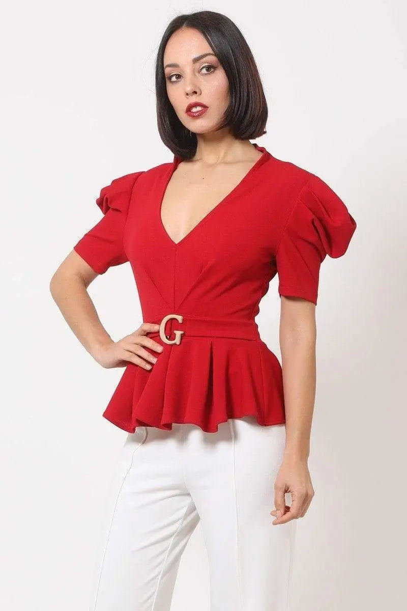 Draped Puff Shoulder Fashion Top With G Buckle Detail Blue Zone Planet