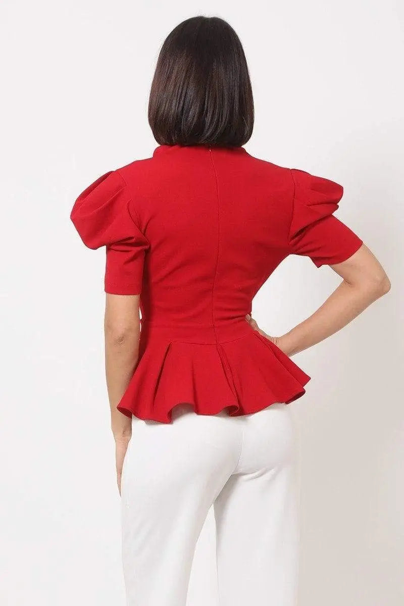 Draped Puff Shoulder Fashion Top With G Buckle Detail Blue Zone Planet