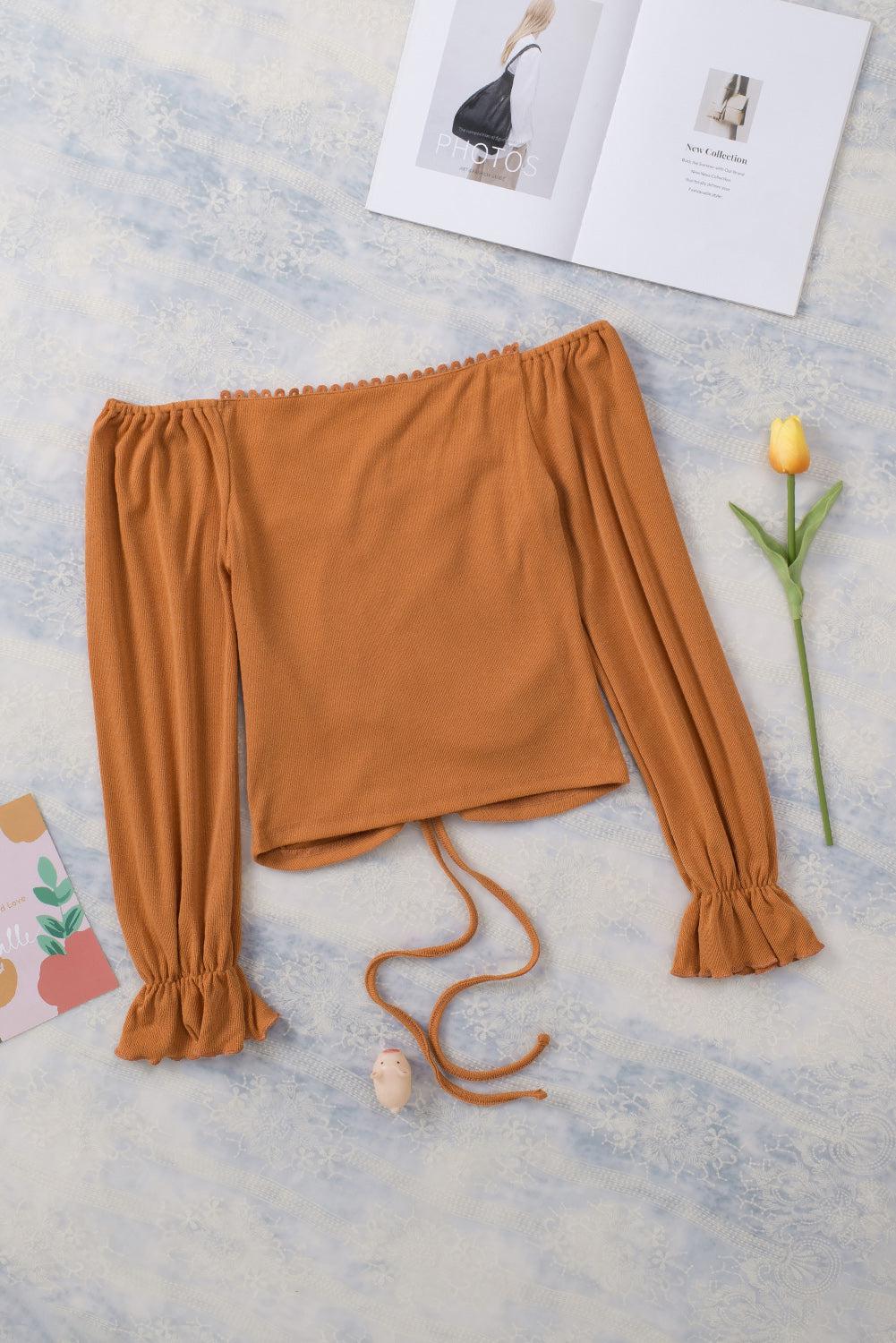 Drawstring Detail Flounce Sleeve Off-Shoulder Crop Top BLUE ZONE PLANET