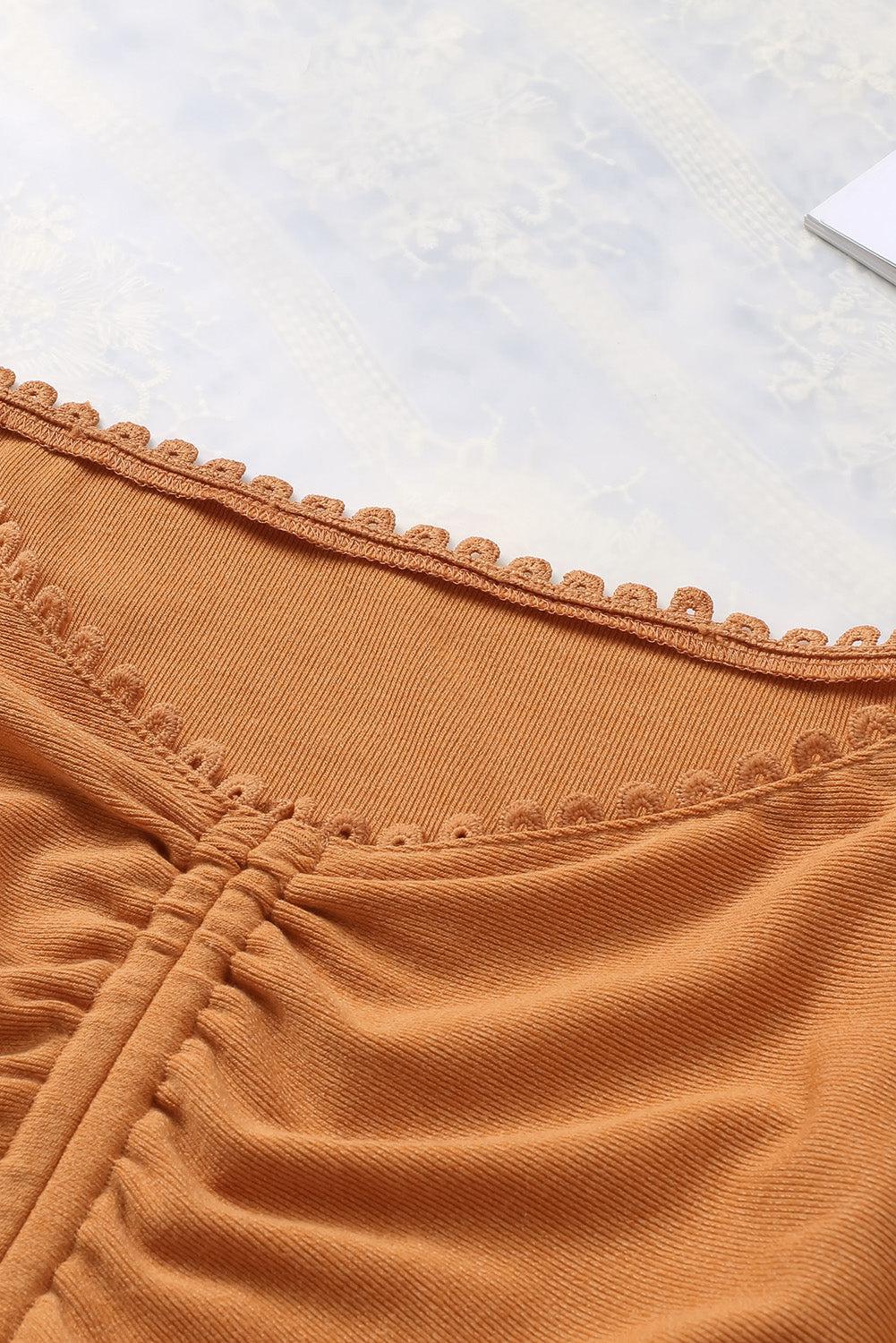 Drawstring Detail Flounce Sleeve Off-Shoulder Crop Top BLUE ZONE PLANET
