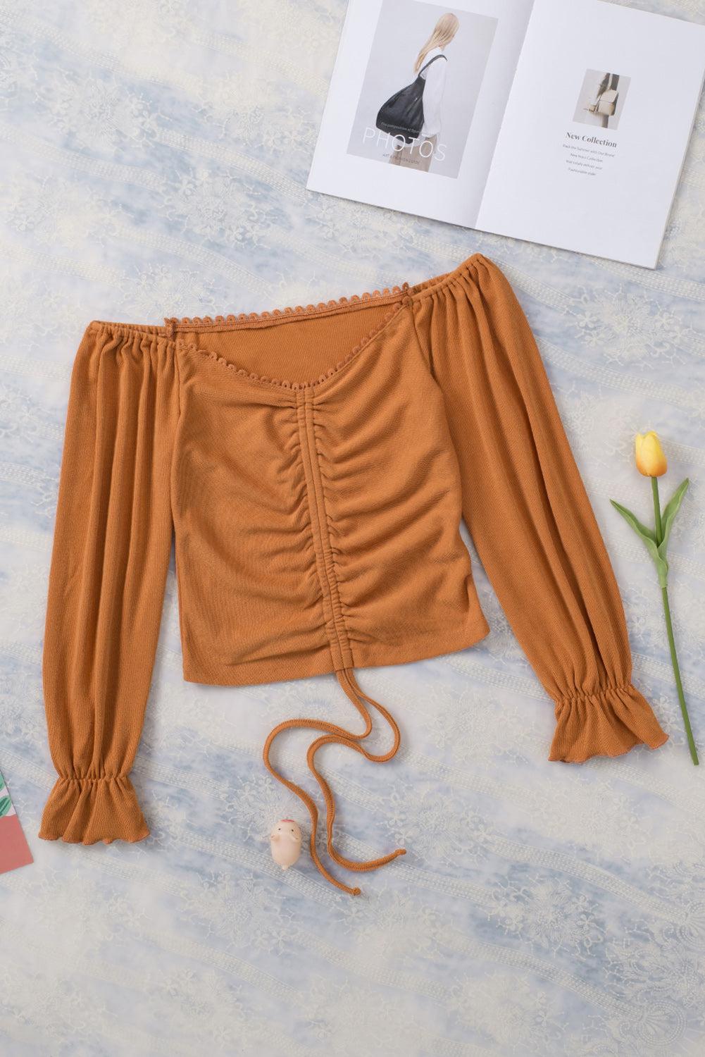 Drawstring Detail Flounce Sleeve Off-Shoulder Crop Top BLUE ZONE PLANET