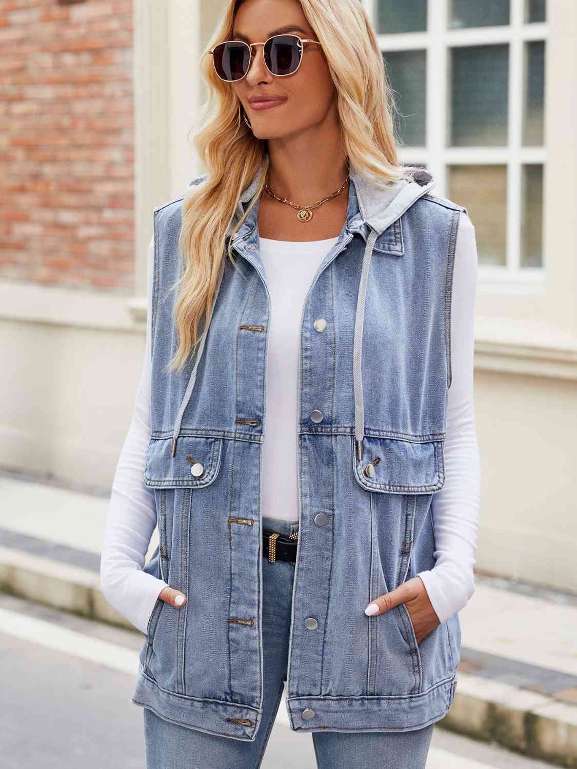 Drawstring Hooded Sleeveless Denim Jacket BLUE ZONE PLANET