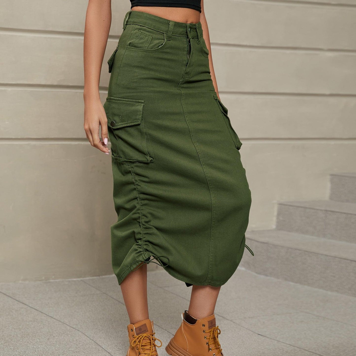Drawstring Ruched Slit Denim Midi Skirt BLUE ZONE PLANET