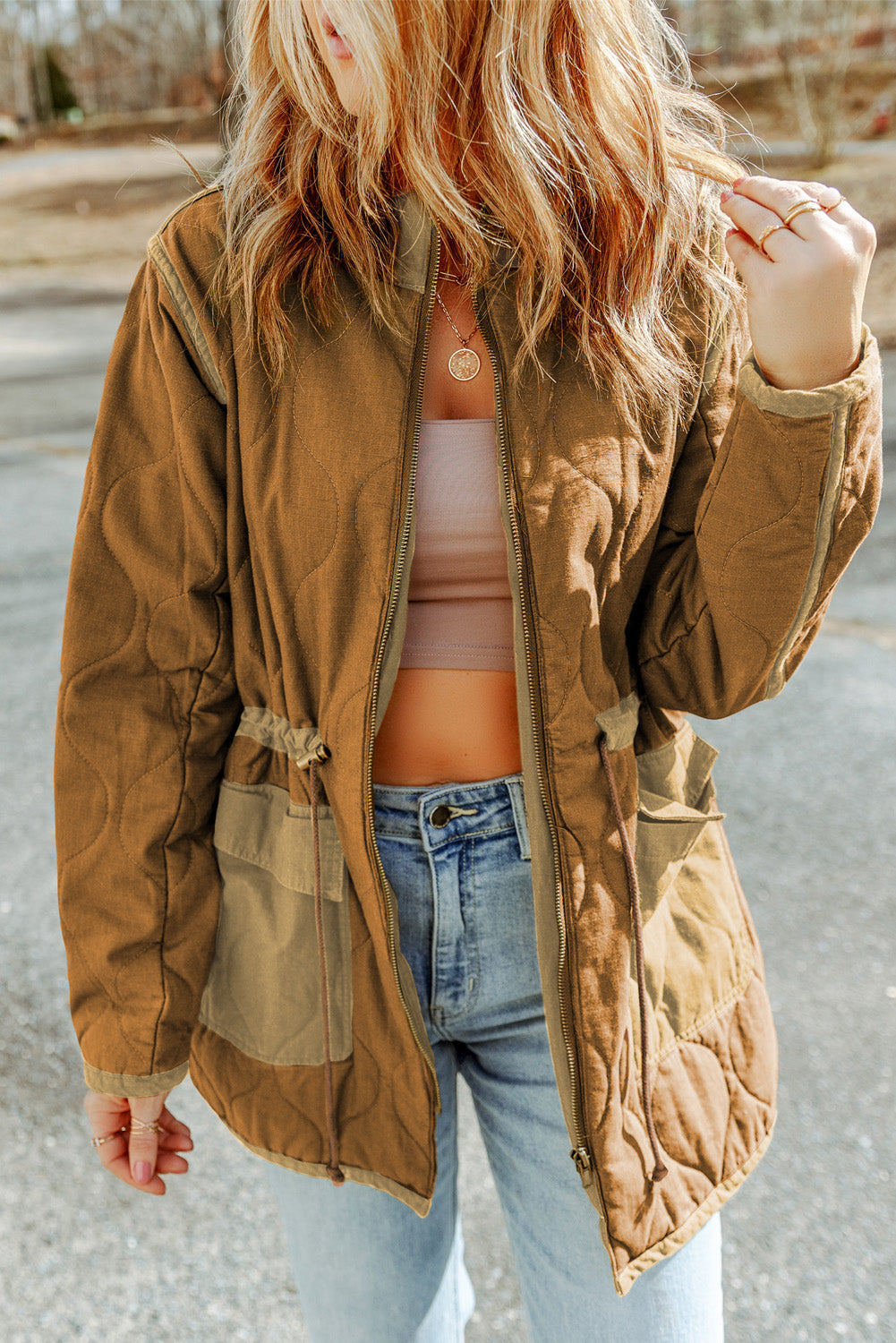 Drawstring Waist Zip-Up Jacket BLUE ZONE PLANET