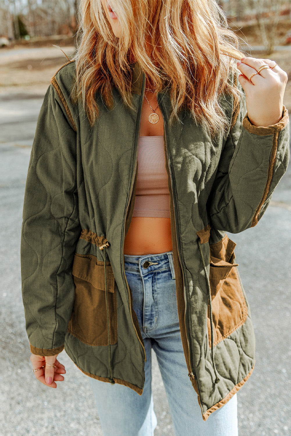 Drawstring Waist Zip-Up Jacket BLUE ZONE PLANET