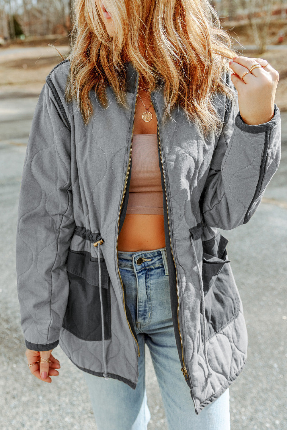 Drawstring Waist Zip-Up Jacket BLUE ZONE PLANET
