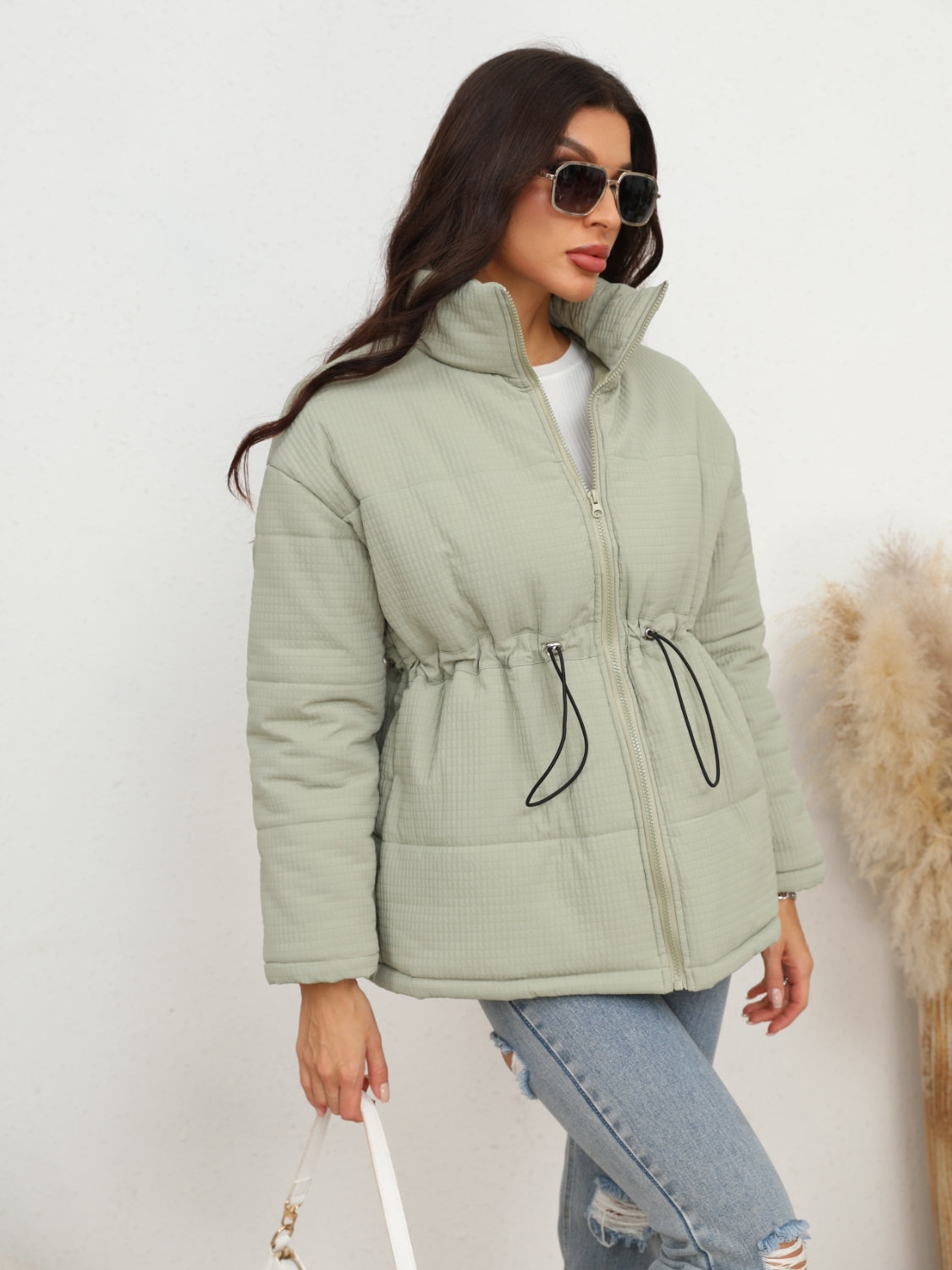 Drawstring Waist Zip-Up Puffer Jacket BLUE ZONE PLANET
