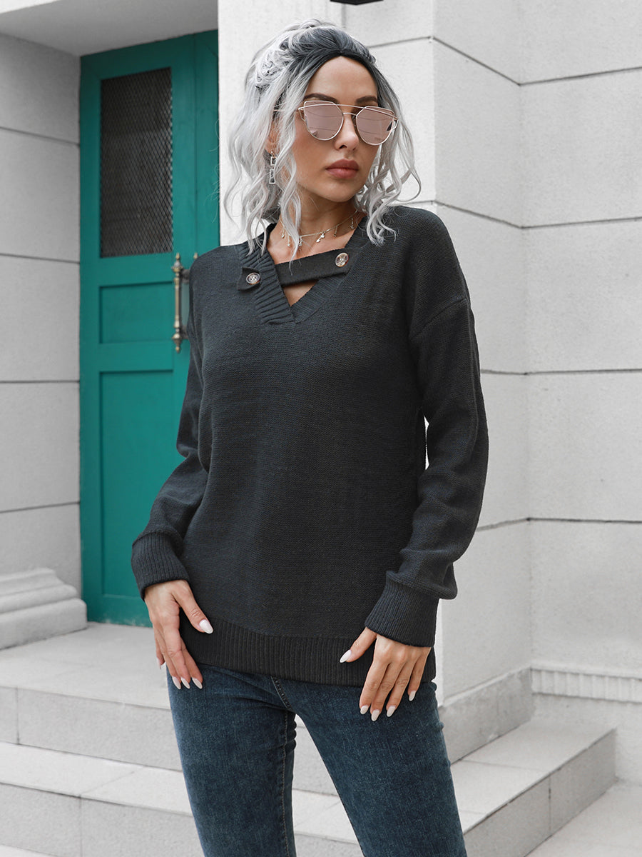Dropped Shoulder Button Detail Sweater BLUE ZONE PLANET