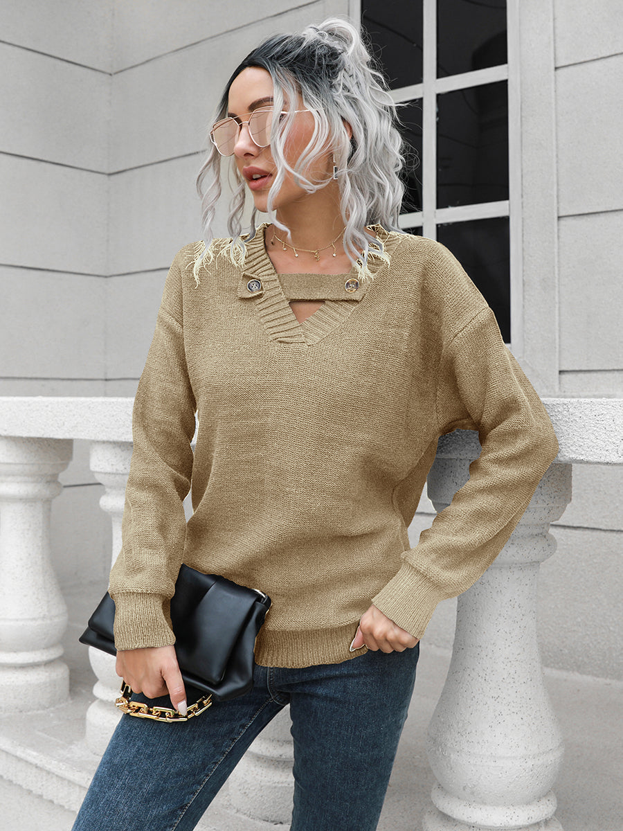 Dropped Shoulder Button Detail Sweater BLUE ZONE PLANET