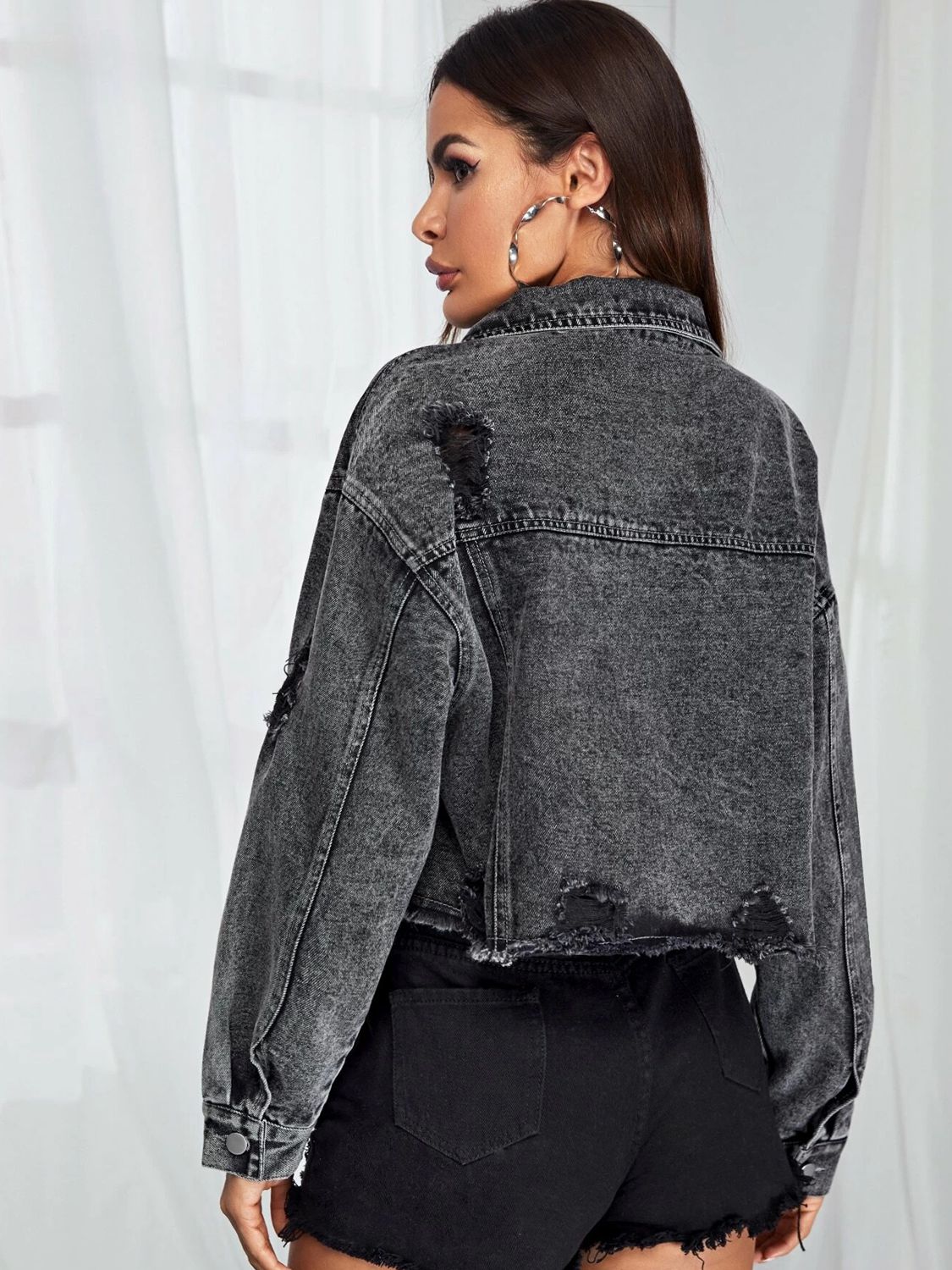 Dropped Shoulder Collared Neck Denim Jacket BLUE ZONE PLANET