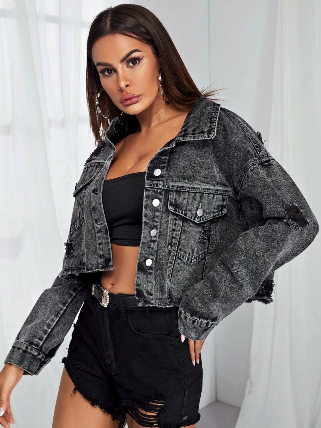 Dropped Shoulder Collared Neck Denim Jacket BLUE ZONE PLANET
