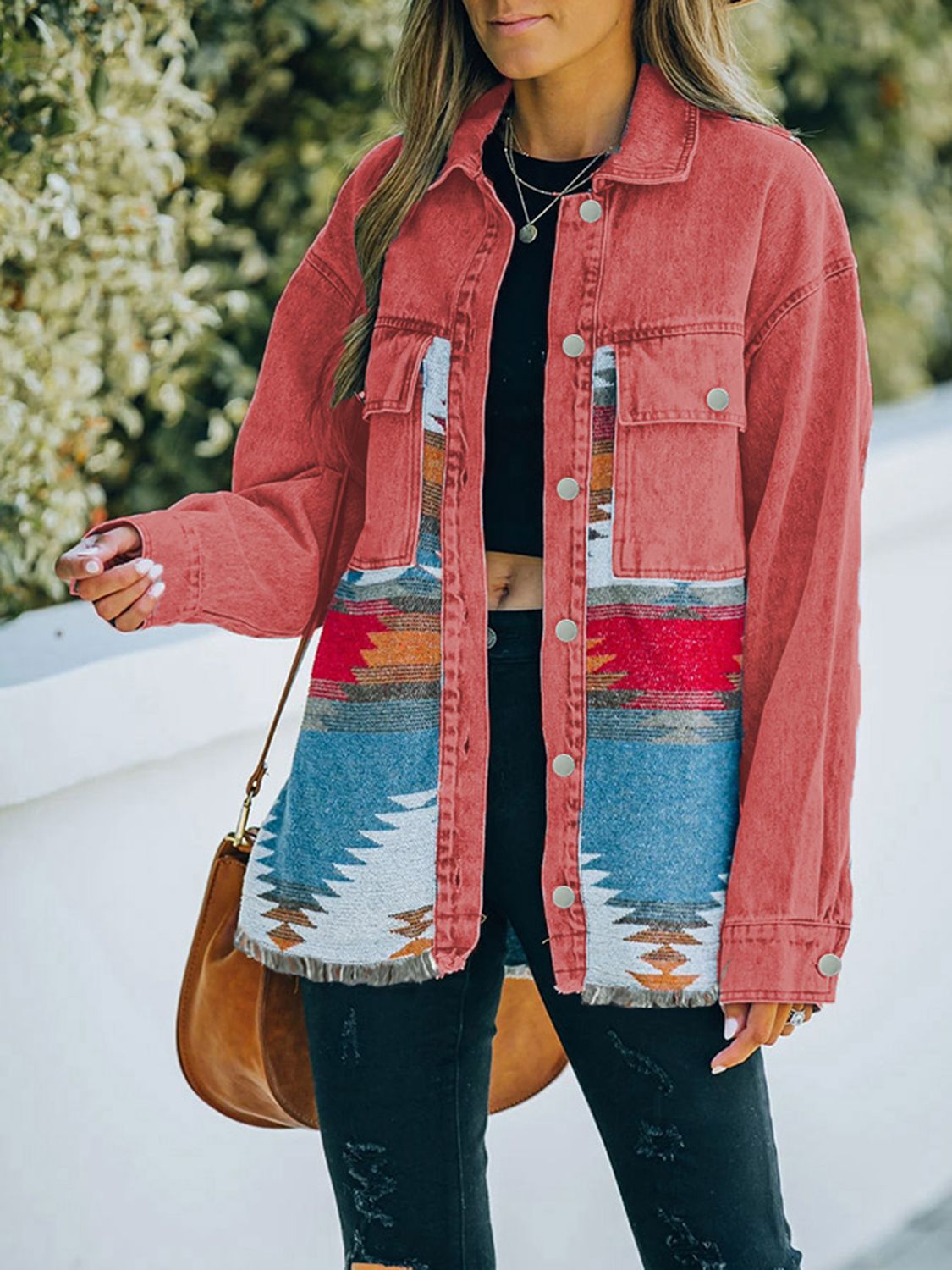 Dropped Shoulder Long Sleeve Printed Denim Jacket BLUE ZONE PLANET