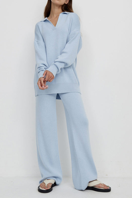 Dropped Shoulder Sweater and Long Pants Set BLUE ZONE PLANET