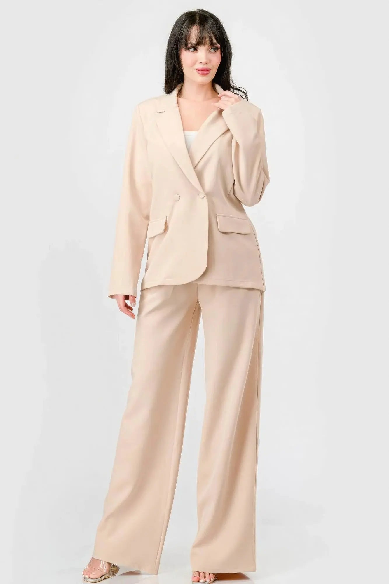 Elaine's Luxe Stretch Woven Loose Fit Blazer And Wide Legs Pants Semi Formal Set Blue Zone Planet